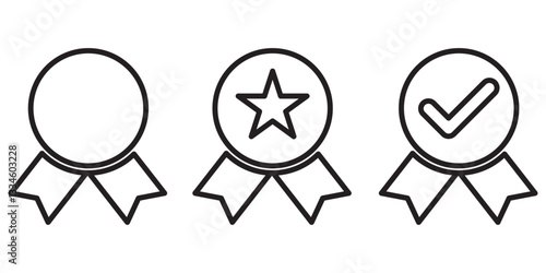 medal award icon, certificate badge with seal ribbon with check mark icons - certified prize icon checkmark symbol. 1176