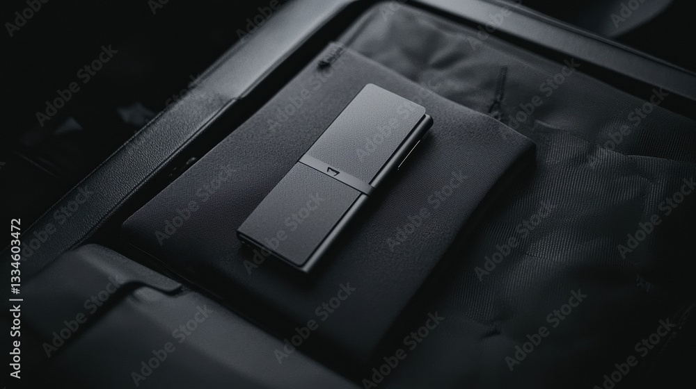 A black phone on a black case. A black phone on a black case.