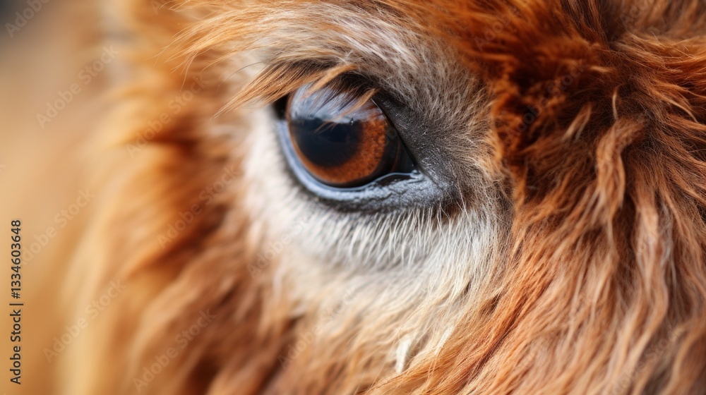 Obraz premium Detailed macro photograph capturing the soulful gaze of a brown animal eye, showcasing its long eyelashes and reddish-brown fur texture in natural light