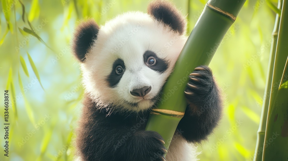 Fototapeta premium A baby panda climbing a bamboo shoot.