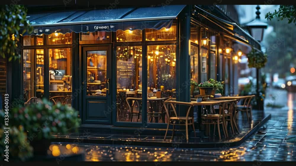 A cozy and welcoming outdoor cafe in the dripping rain with large ...