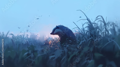 Fototapeta Naklejka Na Ścianę i Meble -  A badger emerging from its burrow at dusk.