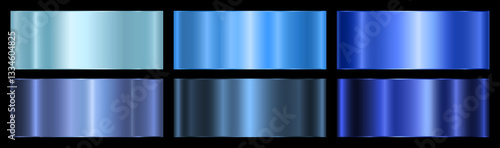 A set of six blue gradients with an outline on a black background. Metallic gradient effects for text and infographic design. A metal banner. Vector EPS 10.