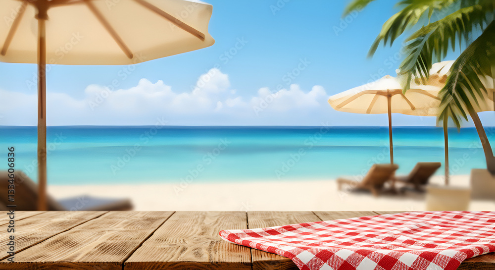 Obraz premium food and drink design ads with summer vacation themes. ai generated, Red and white checkered cloth neatly placed on a wooden table with a blurred seaside resort in the background,coastal, soft focus, 