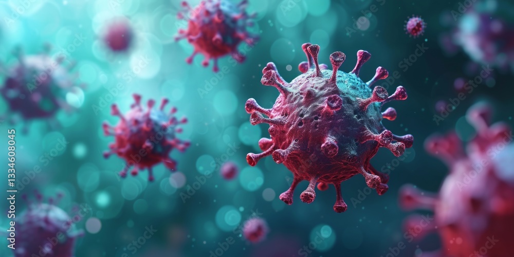 Detailed microscopic representation of infectious coronavirus particle, illustrating the global health crisis and pandemic risk with scientific precision, highlighted in deep teal backdrop Detailed microscopic representation of infectious coronavirus particle, illustrating the global health crisis and pandemic risk with scientific precision, highlighted in deep teal backdrop