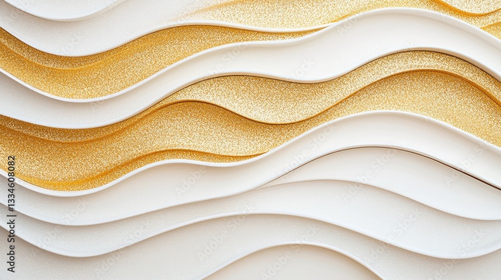 Obraz premium golden background glitter and harmony, A close-up of layered white and gold wave patterns, creating a visually appealing texture with a blend of elegance and modern design.