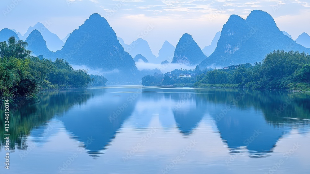 Naklejka premium Serene Mountain Reflections in Misty Blue Waters of a Tranquil Lake at Dawn