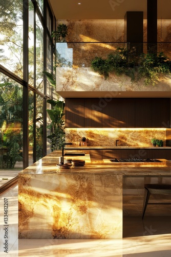Luxurious Modern Kitchen with Onyx Countertop and Tropical Views