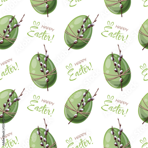 Seamless Pattern with Easter Egg and Willow Branches. Easter Background for Fabric, Wallpaper, Wrapping Paper, etc. Happy Easter Design.