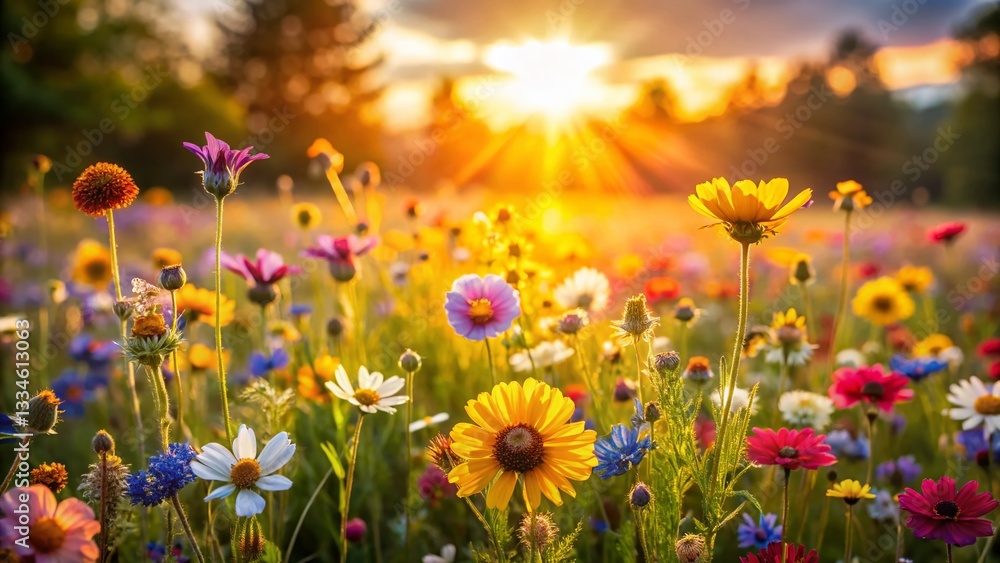 Obraz premium Perfect Exposure: Peaceful Wildflower Meadow with Copy Space for Text