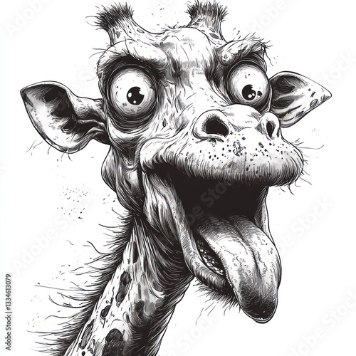 Psychedelic giraffe portrait, goofy expression, white background, t-shirt design