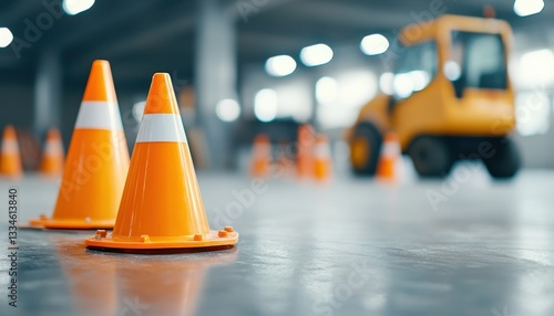 Traffic cones warning for under construction zone.. Construction scene with orange traffic cones in focus, highlighting safety and equipment in a warehouse setting.