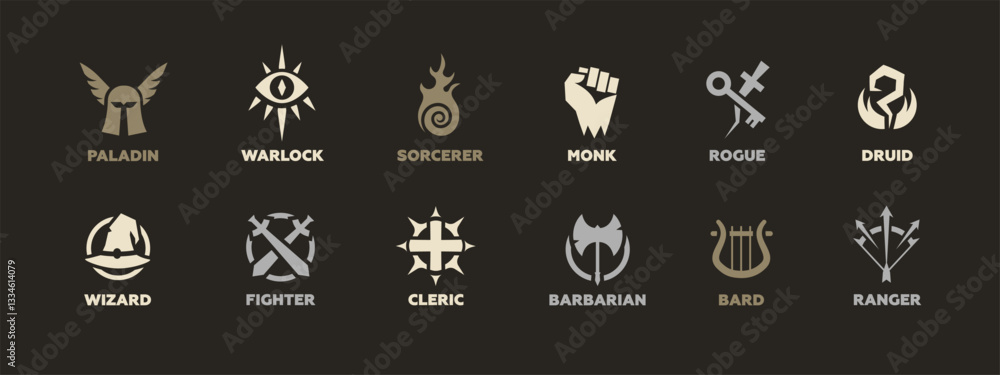 Naklejka premium Discover various fantasy character class symbols, such as paladin, warlock, and sorcerer.