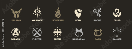 Discover various fantasy character class symbols, such as paladin, warlock, and sorcerer.