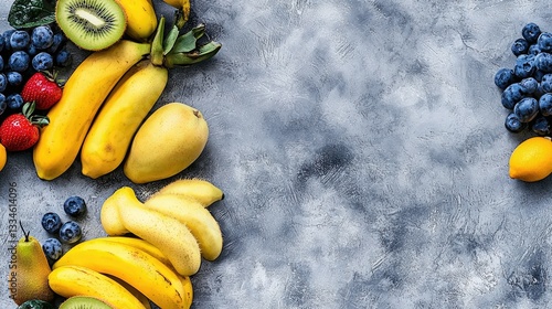 Variety of colorful fruits arranged on a mottled gray surface, food still life