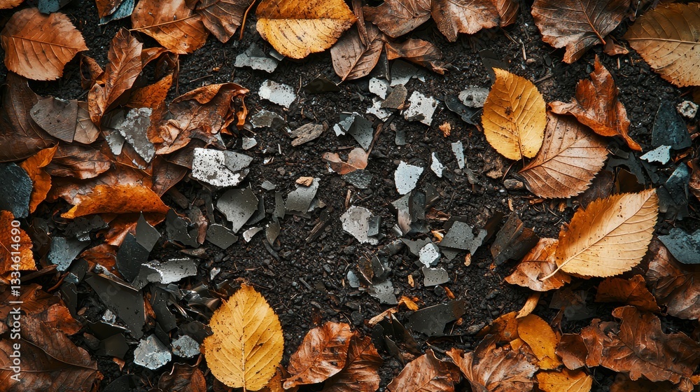 Metal shavings juxtaposed with natural leaves and soil in environmental setting Metal shavings juxtaposed with natural leaves and soil in environmental setting