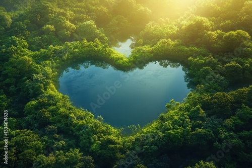 Fototapeta Naklejka Na Ścianę i Meble -  aerial view of heart shaped lake surrounded by lush green forest at sunrise
