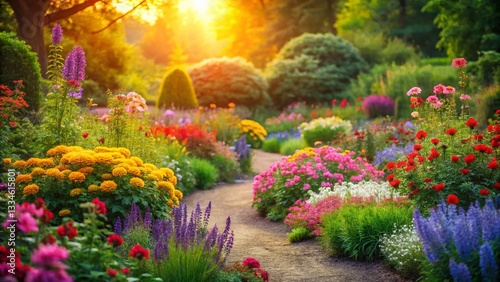 Picturesque Layered Garden, Deep Depth of Field, Lush Flowers, Blooming Plants, Spring Scenery