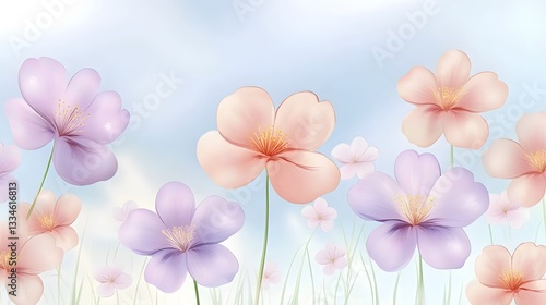 Beautiful pastel flowers in a field against a light blue sky