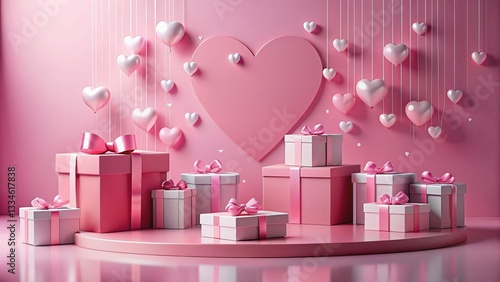Pink Valentine's Day Podium with Gift Boxes and Hearts - Romantic Product Display