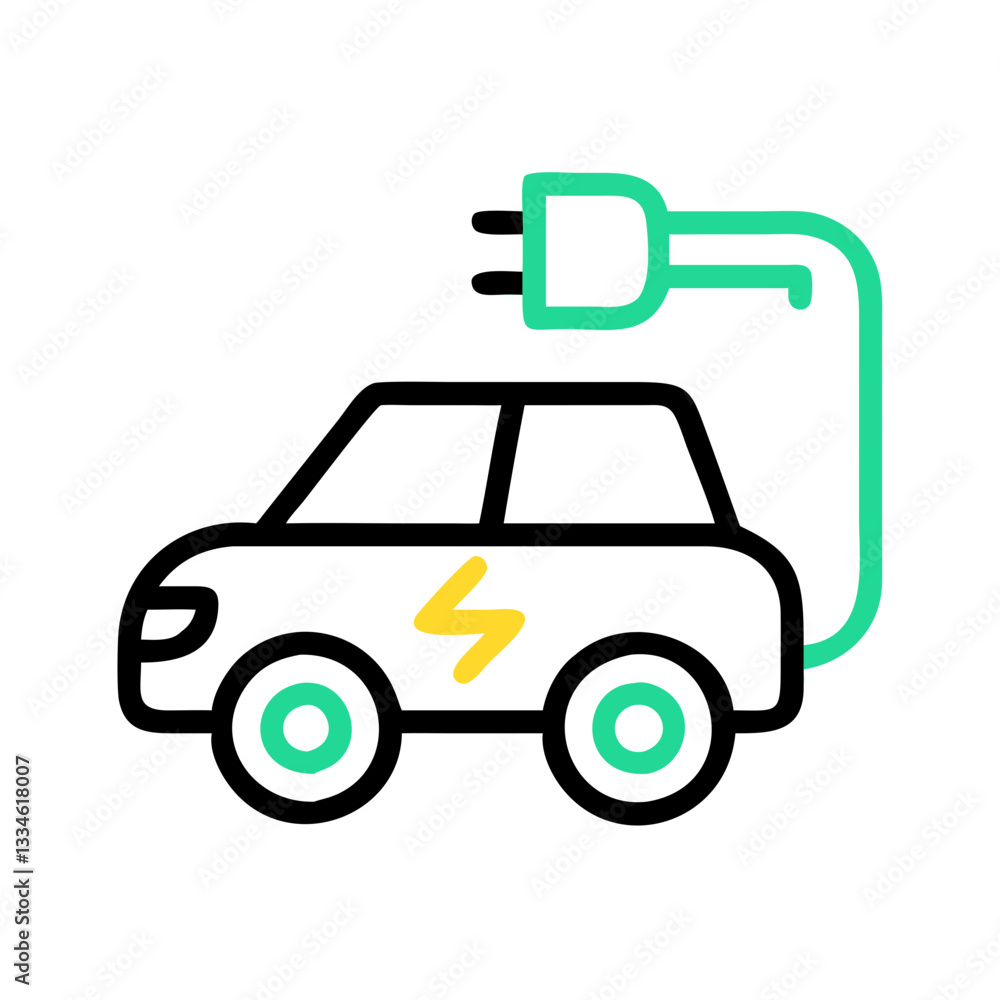 Electric car icon with charging cord symbolizing green transport, environment conservation Electric car icon with charging cord symbolizing green transport, environment conservation