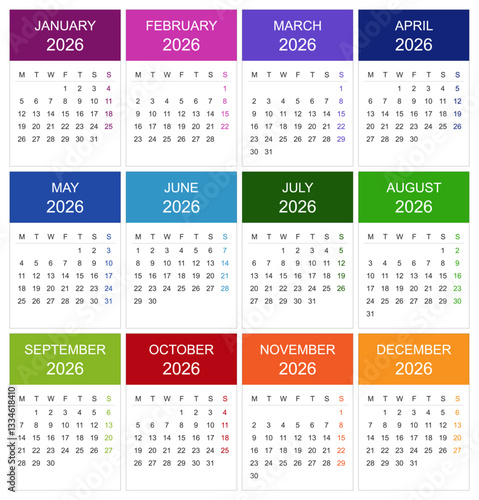 Modèle de calendrier 2026 pour agenda avec une page par mois - Textes en anglais vectorisés et non vectorisés sur calques séparés