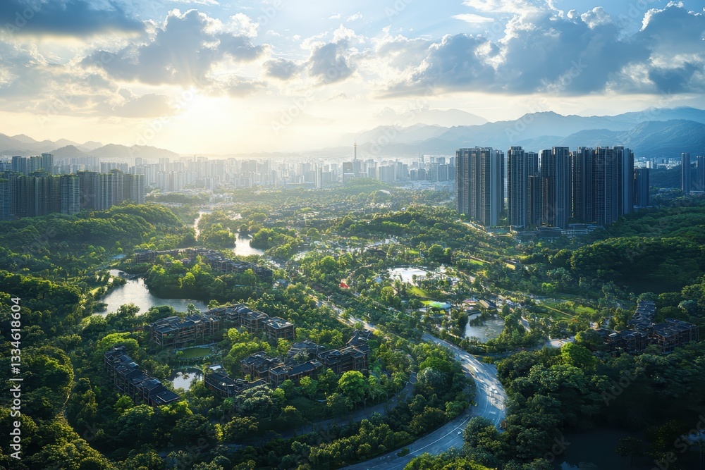 Obraz premium high-angle perspective reveals a bustling metropolis surrounded by lush greenery