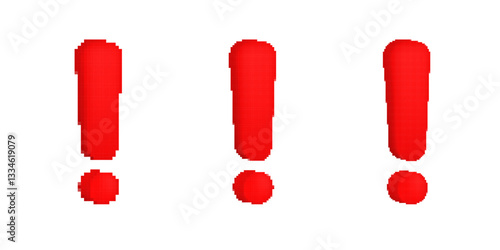 Three pixelated red exclamation marks with a glossy effect, featuring a bold digital typography style