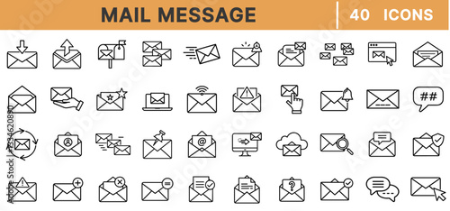 "Mail Message Line Icons – Email, Communication, Inbox, Notification, Letter, Chat, Send, Receive, Digital Mail, Spam, Security, Cloud, Editable Stroke, Vector Set"