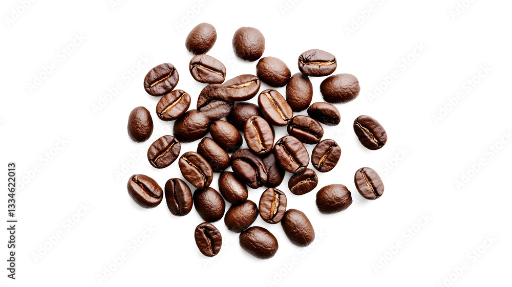 Naklejka premium A pile of coffee beans on a white background. The beans are of different sizes and shapes. Concept of warmth and comfort, as coffee is often associated with relaxation and socializing
