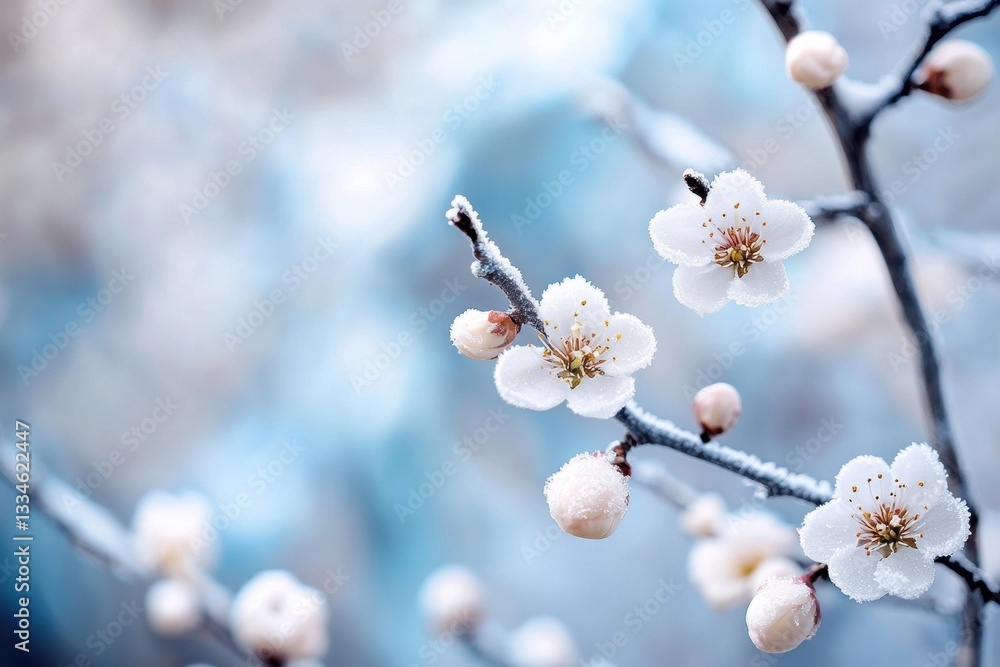 Delicate white flowers blooming on a branch with a soft blue background.