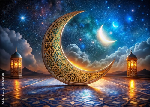 Ramadan Kareem & Eid Mubarak: Surreal Crescent Moon, Celestial Celebration
