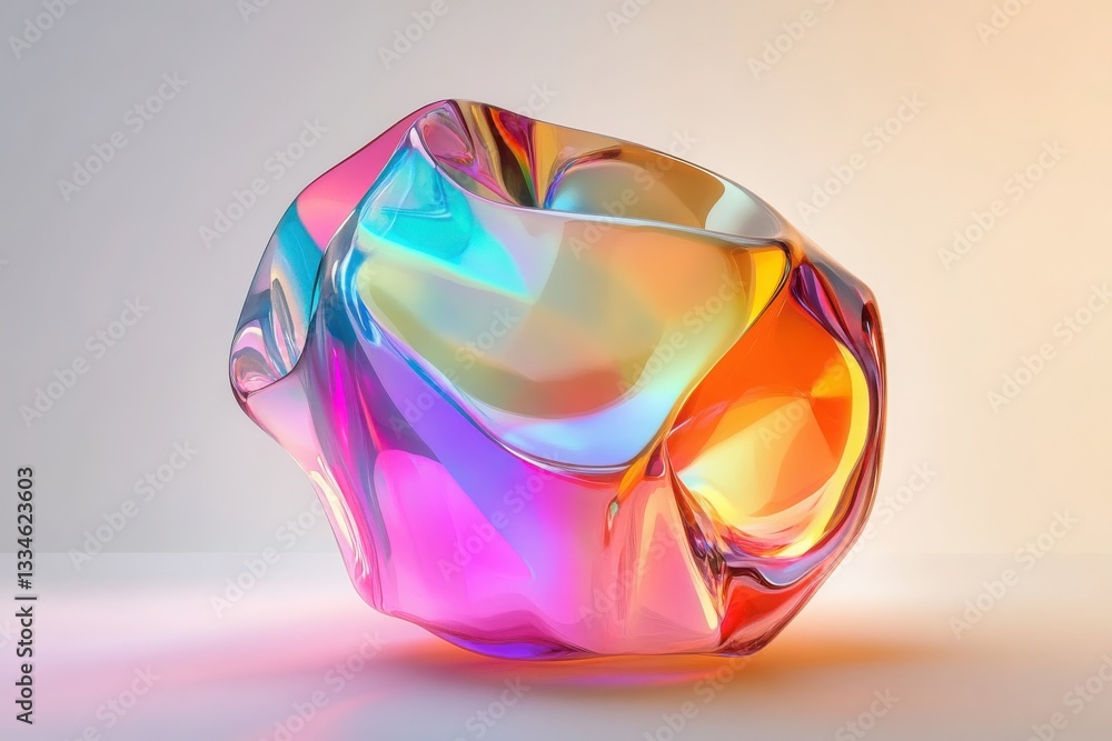 Iridescent glass sculpture with vibrant colors on a white surface against a soft background Iridescent glass sculpture with vibrant colors on a white surface against a soft background