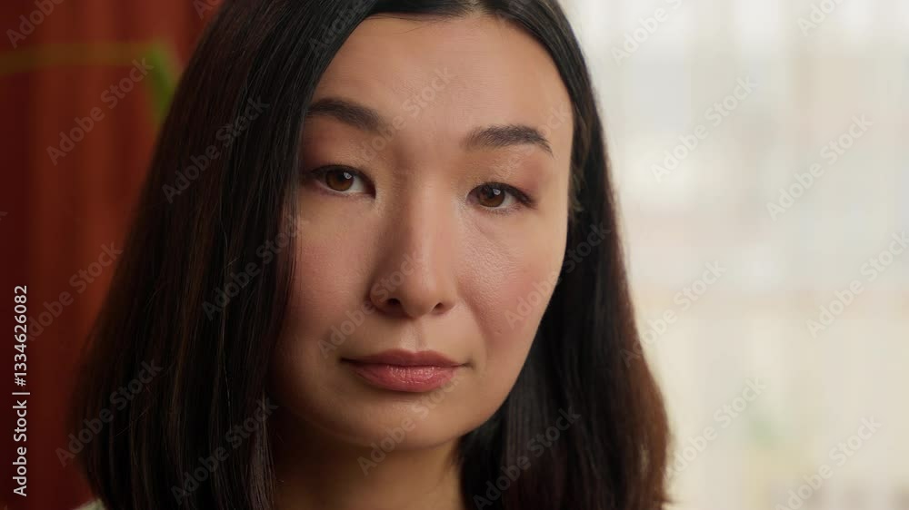 Close up serious calm pensive face Asian Korean Chinese Japanese woman female looking at camera girl businesswoman portrait ethnic wife housewife indoor home lady homeowner tenant headshot business Close up serious calm pensive face Asian Korean Chinese Japanese woman female looking at camera girl businesswoman portrait ethnic wife housewife indoor home lady homeowner tenant headshot business