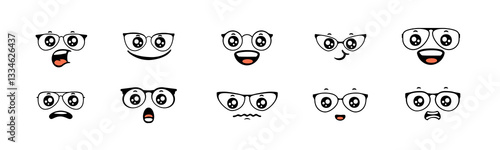 Collection of cartoon faces wearing glasses, showing various emotions like surprise and happiness.