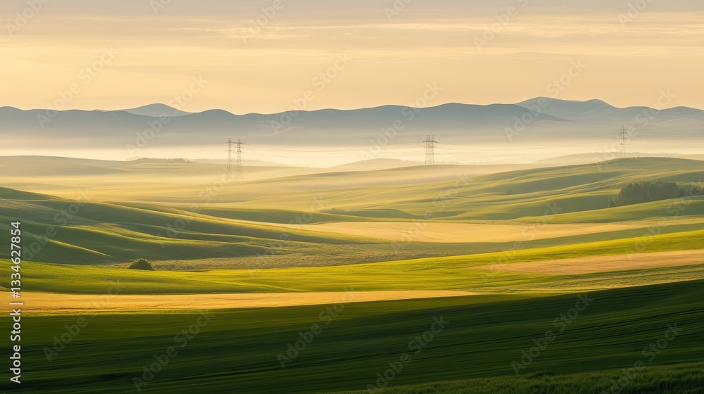 Serene Rolling Hills at Sunrise with Soft Light and Mist Serene Rolling Hills at Sunrise with Soft Light and Mist