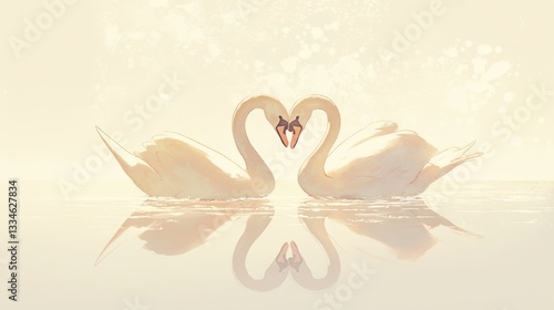 Fototapeta Naklejka Na Ścianę i Meble -  Two swans drifting peacefully on a calm lake.