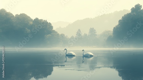 Fototapeta Naklejka Na Ścianę i Meble -  A pair of swans gliding serenely across a still lake.