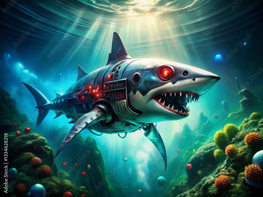 Obraz premium Robotic Shark Underwater, Glowing Red Eyes, Sci-Fi, Mechanical Fish, Futuristic Ocean