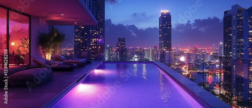 Rooftop pool with city view at night, luxury lifestyle with purple lighting