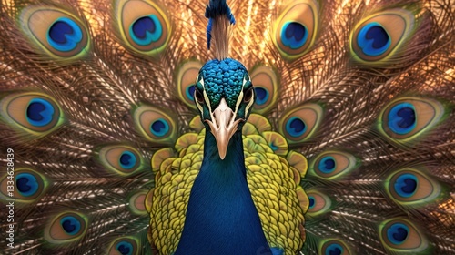 A peacock displaying its colorful feathers in full glory.