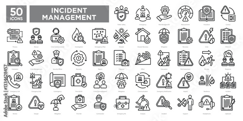 Incident management icon collection set., including emergency response, risk assessment, crisis communication, and recovery. Ideal for safety materials, infographics, and presentations.