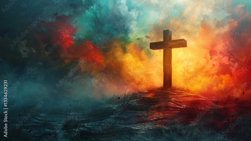 Fototapeta premium Dramatic depiction of a wooden cross atop a hill, illuminated by an ethereal sky, symbolizing faith and hope against a turbulent backdrop