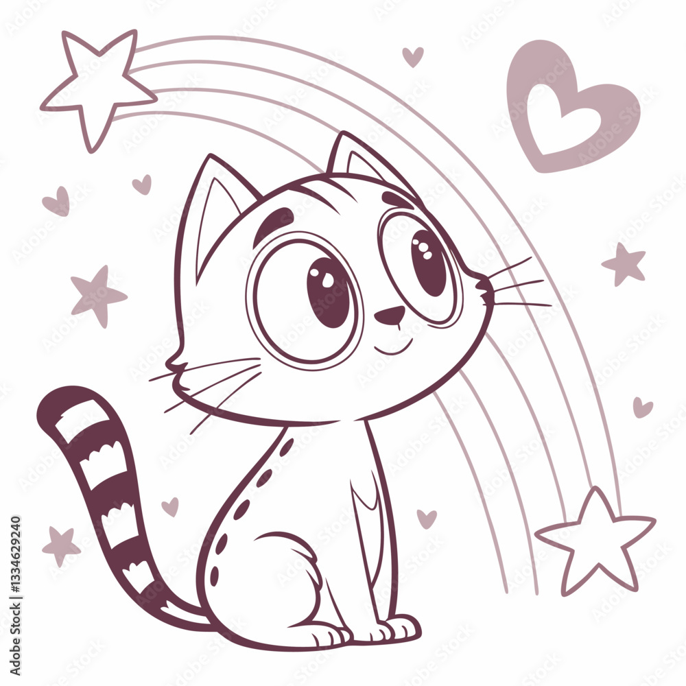 Obraz premium Cute Kitten Rainbow Stars Illustration - Whimsical Mauve Cartoon Cat Design.