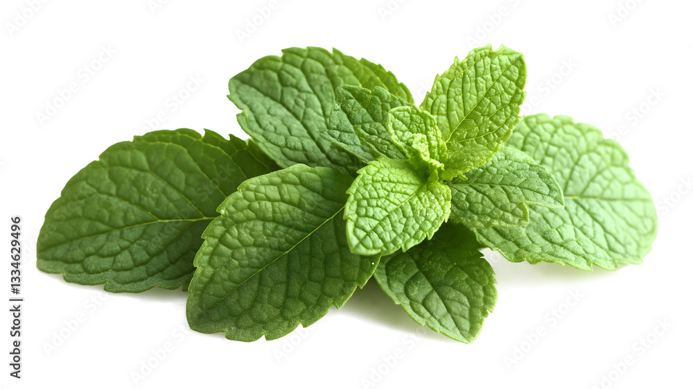 A bunch of mint leaves are shown on a white background. The leaves are fresh and green, and they are arranged in a way that they look like they are growing out of the ground A bunch of mint leaves are shown on a white background. The leaves are fresh and green, and they are arranged in a way that they look like they are growing out of the ground