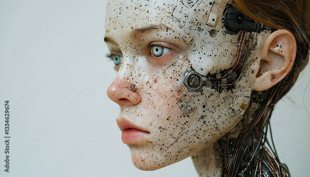 Naklejka premium A close profile portrait of a robotic human hybrid face