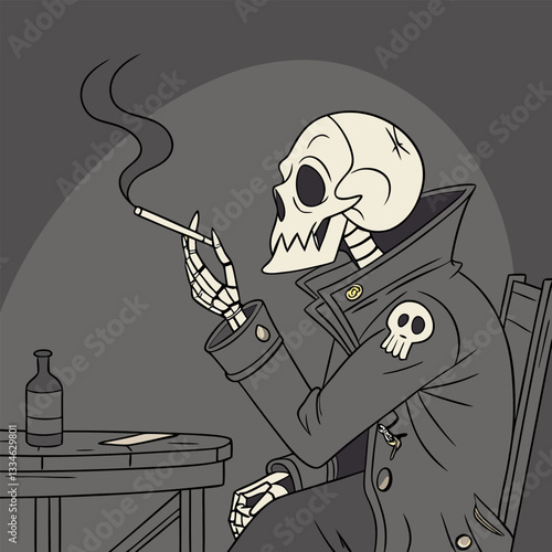 Monochrome Skeleton Smoking: Edgy Vintage Biker Illustration.