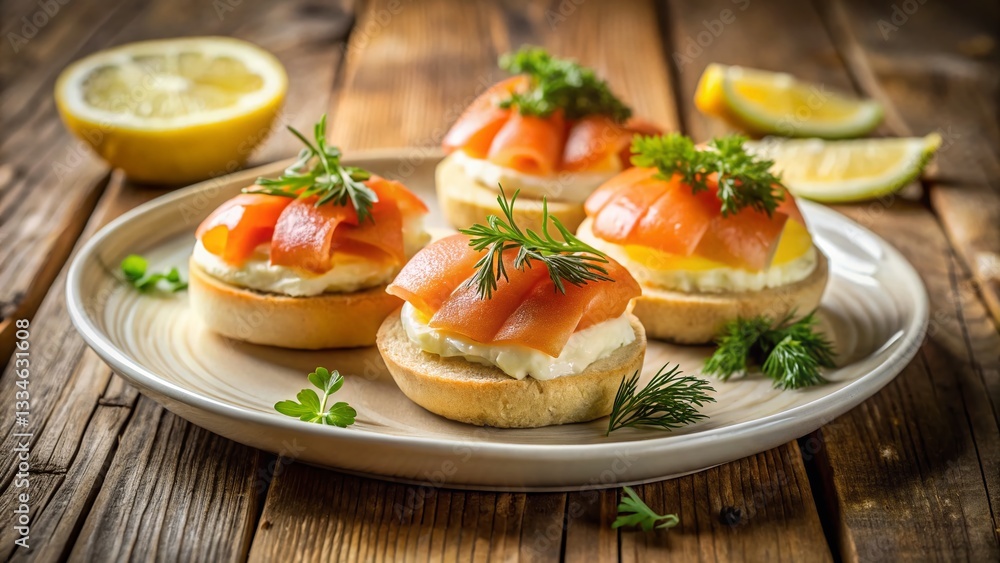 Rustic Charm: Mini Salmon & Lemon Sandwiches on White Plate Rustic Charm: Mini Salmon & Lemon Sandwiches on White Plate