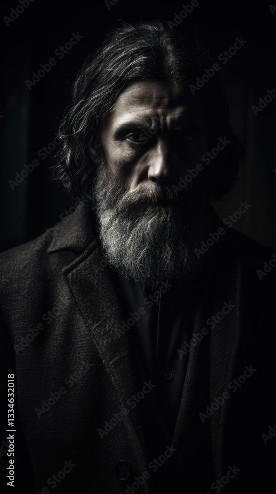 Dramatic portrait of a mature man with a thick gray beard and coat standing in dark shadows, evoking mystery and character Dramatic portrait of a mature man with a thick gray beard and coat standing in dark shadows, evoking mystery and character