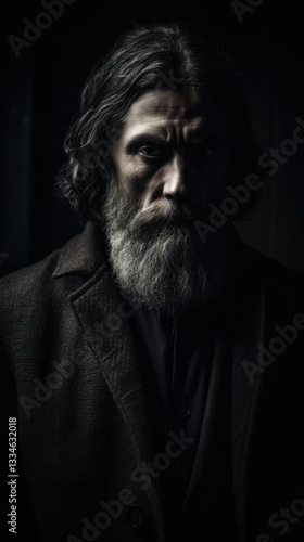 Dramatic portrait of a mature man with a thick gray beard and coat standing in dark shadows, evoking mystery and character